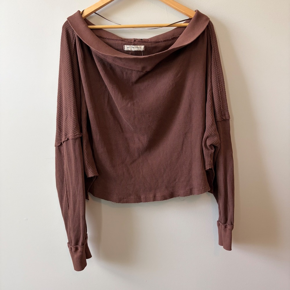 We The Free Free People Brown Waffle Knit Off Shoulder Thermal Top Medium